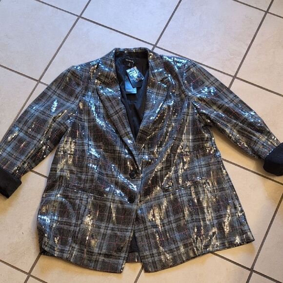 NWT Torrid Sequin Button Front Blazer Plaid blue black satin interior size L - Picture 2 of 14